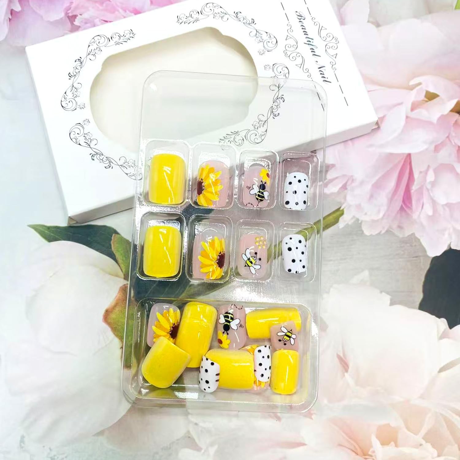 LWTZLW Summer Sunflower Press on Nails Medium Square False Nails Cute Bee Pol…