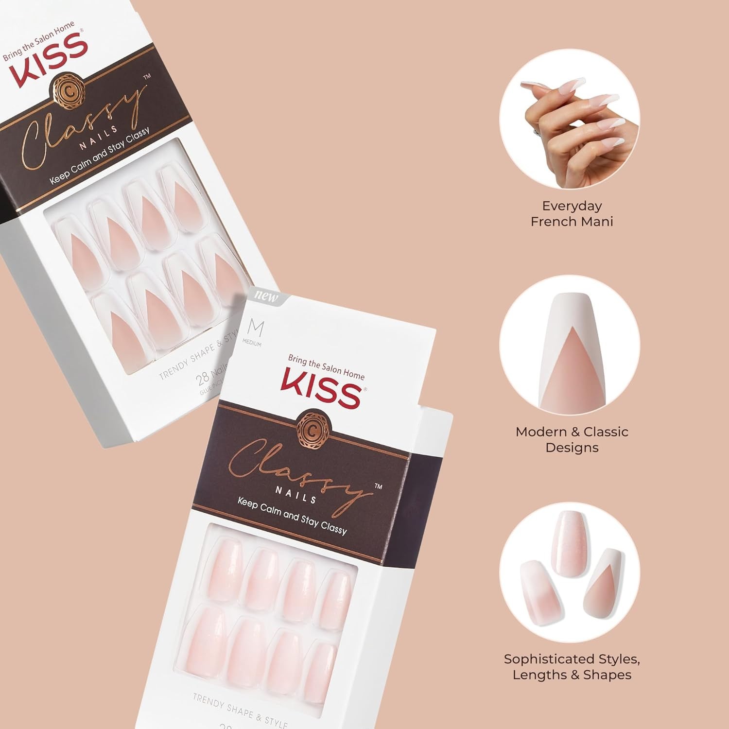 KISS CLASSY 28 pcs PRESS ON NAILS Glossy Almond French Nude Medium #89125 CS04 L