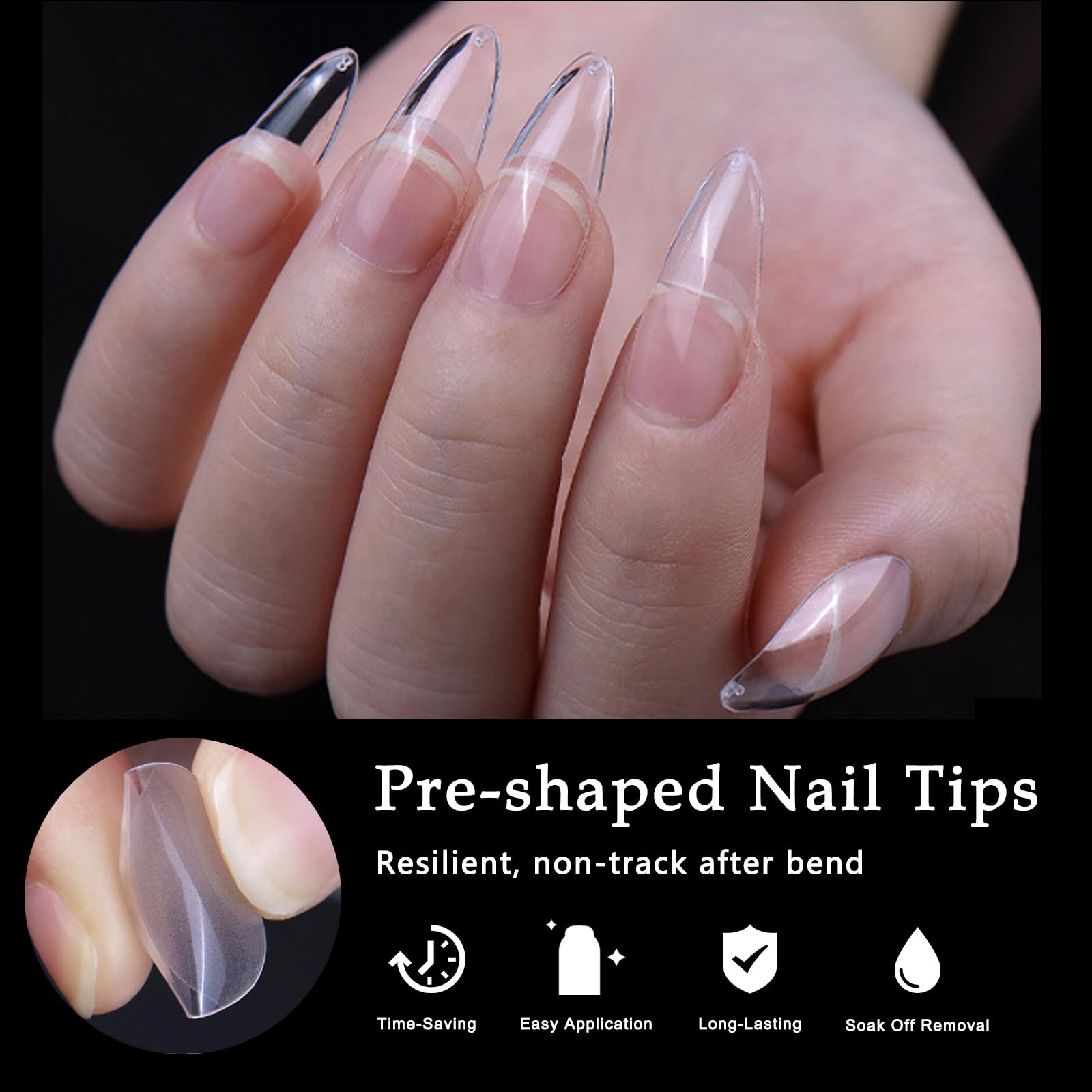 AddFavor 600pcs Almond Nail Tips Medium Fake 600 Piece Assortment, Clear