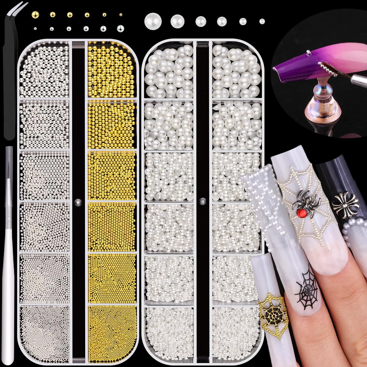 Silver Gold Nail Beads and Flatback Pearls for Nails Beige White Nail Pearl | Lu