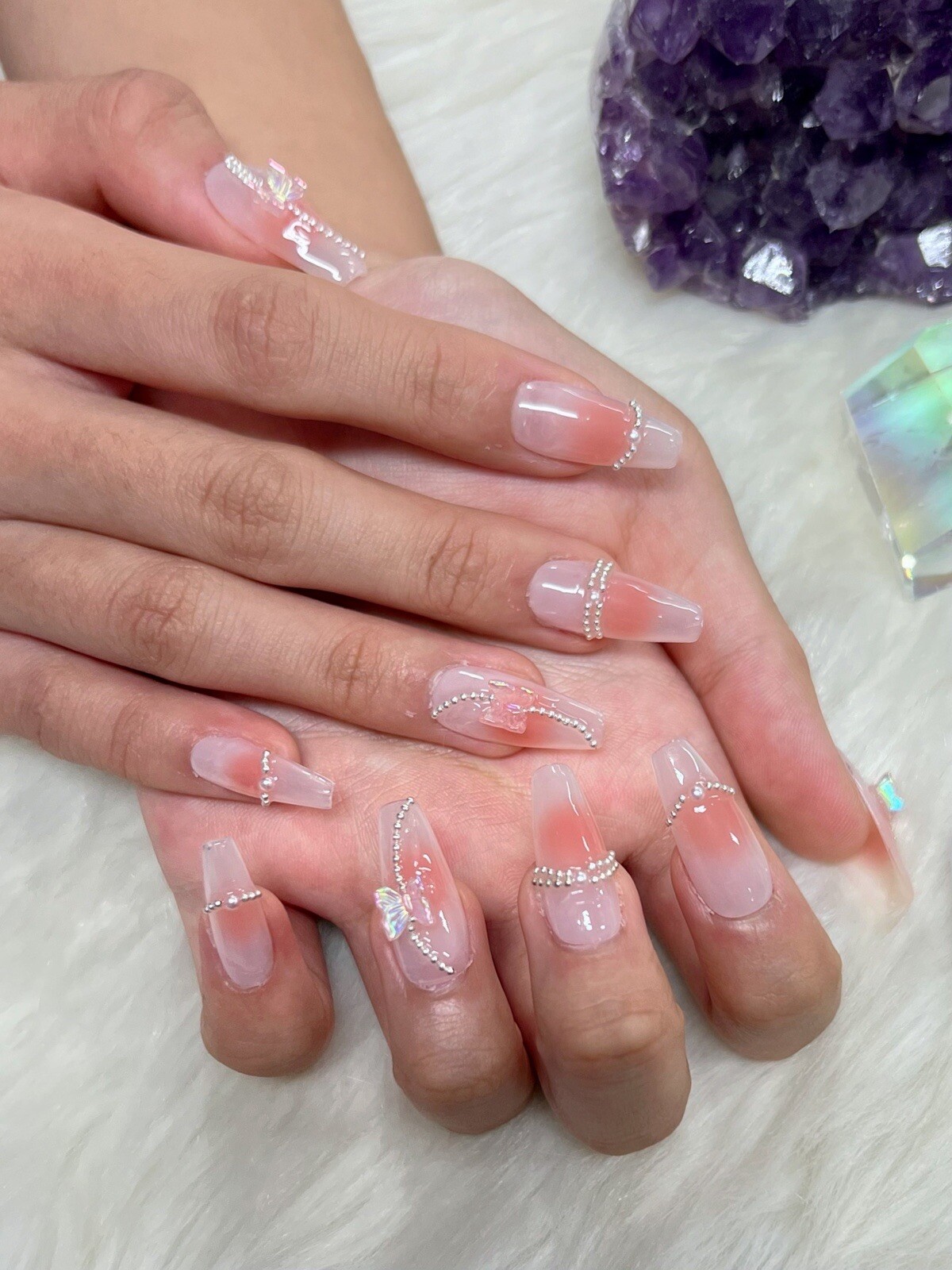 23Handmade Gel Press On Nails | Long Coffin Pink Butterfly Chain Reusable