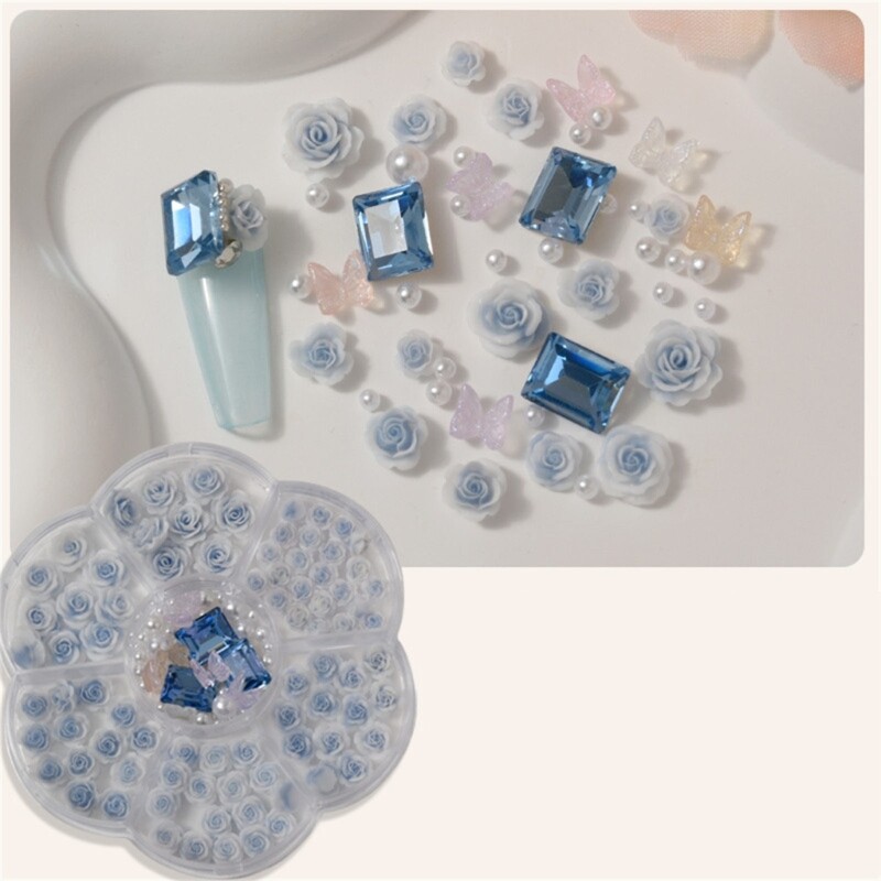 Crystal Rhinestones Pearls Beads 3D Flowers Nails Art Gift