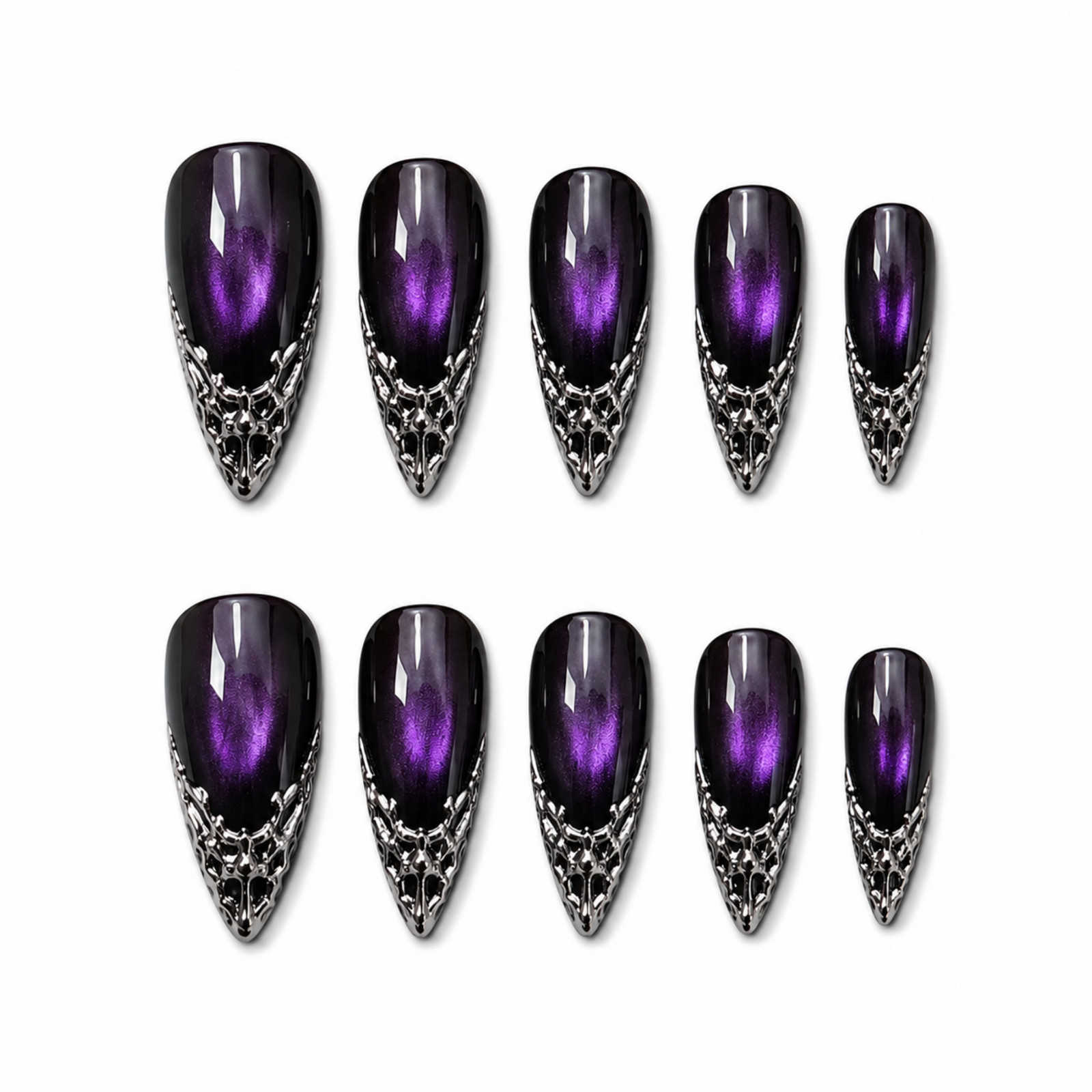 Handmade Gothic Purple Cat Eye Press On Nails Long Almond Chrome Set