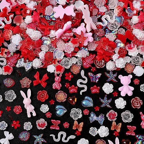 110 Pieces 3D Nail Charms Resin Butterfly Bear Nail Charms Rose Flower Bow
