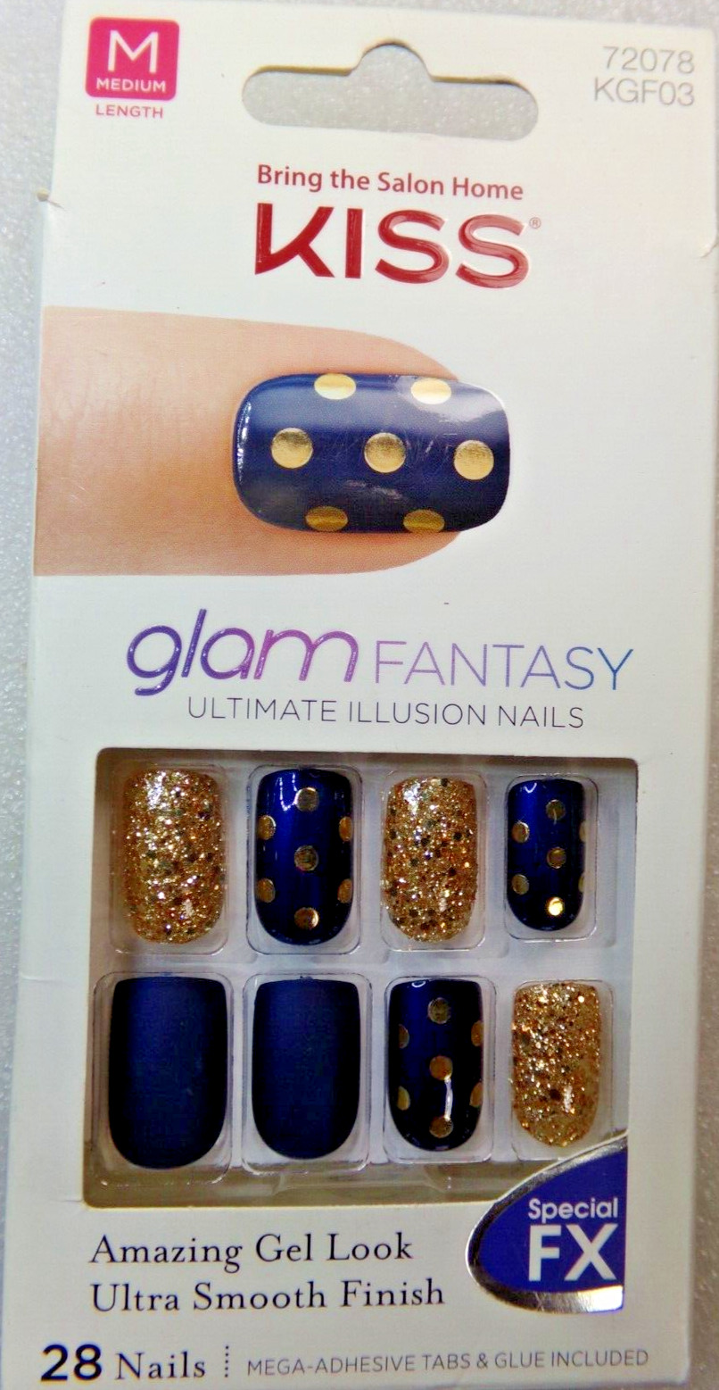 KISS GLAM FANTASY NAILS – Cobalt Blue Gold Accents – GLUE ON OR TABS MEDIUM