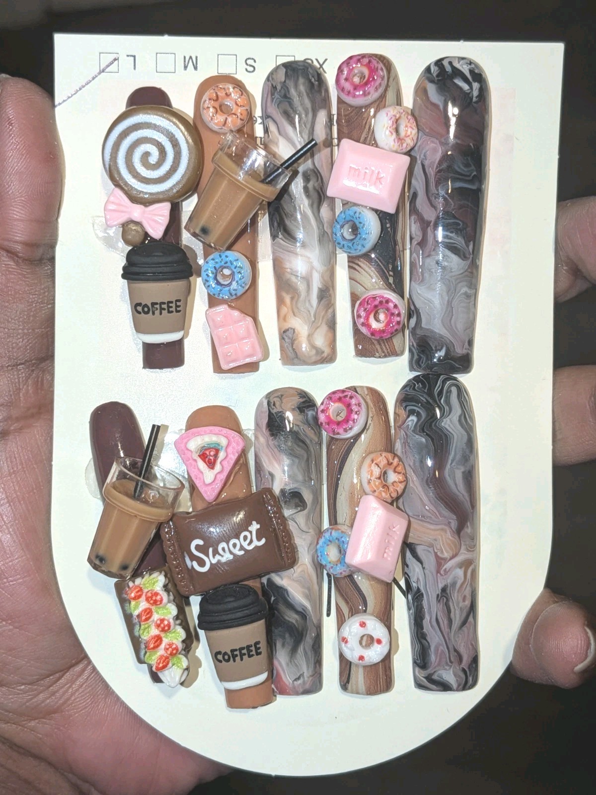 Hand Crafted 3Xl Java Marble Brown & Pink 3D Dessert Press-On Nails Sz Large