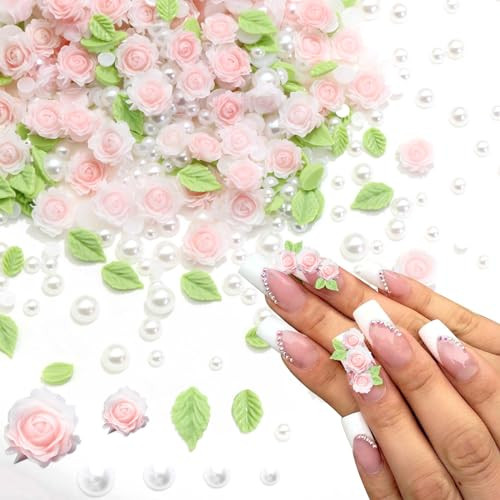 300PCS Flower Nail Charms Pink 3D Roses Flower Charms for Nail Design Green
