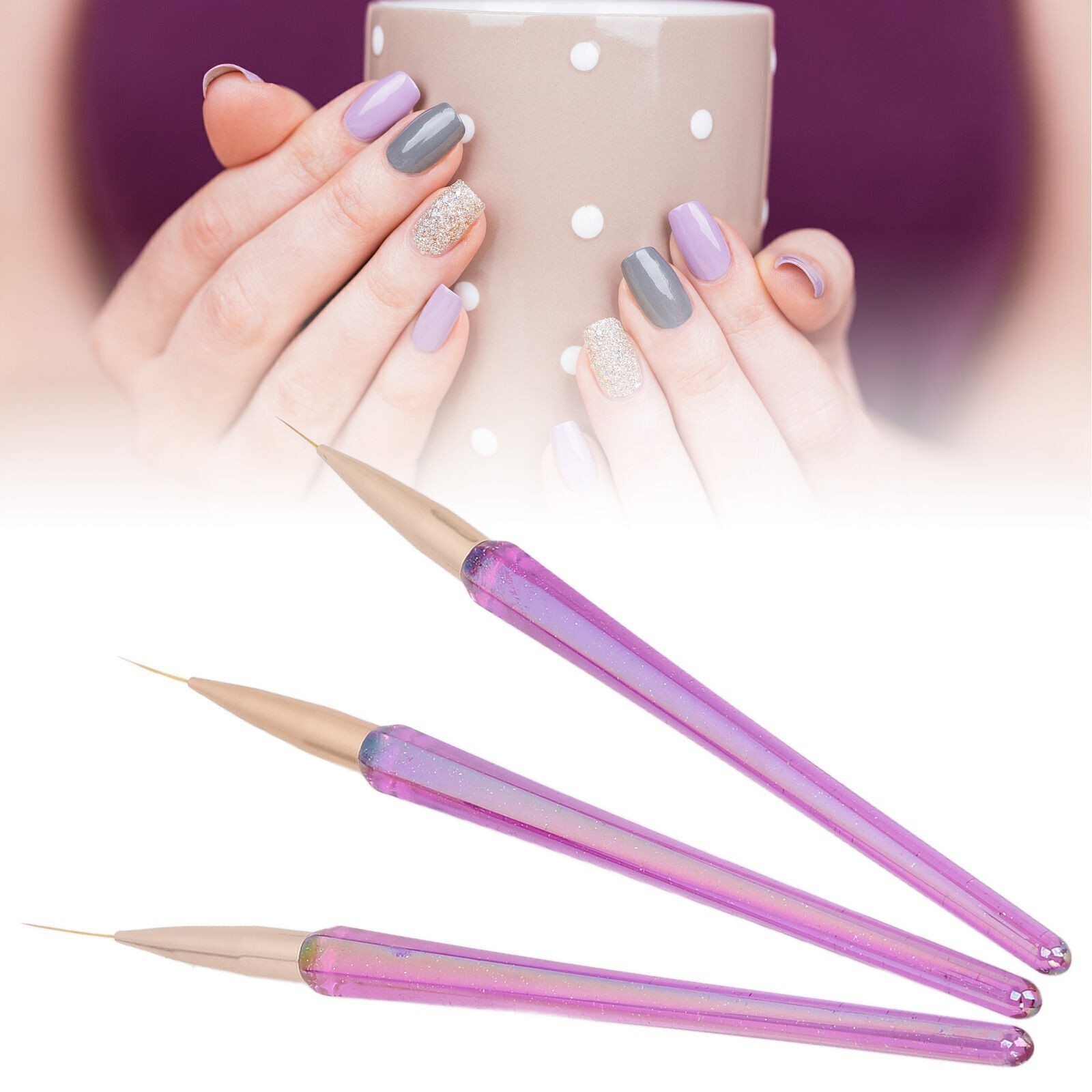 3pcs Nail Liner Brushes Set 12/16/21mm Super Fine Nail Art Striping Brushes