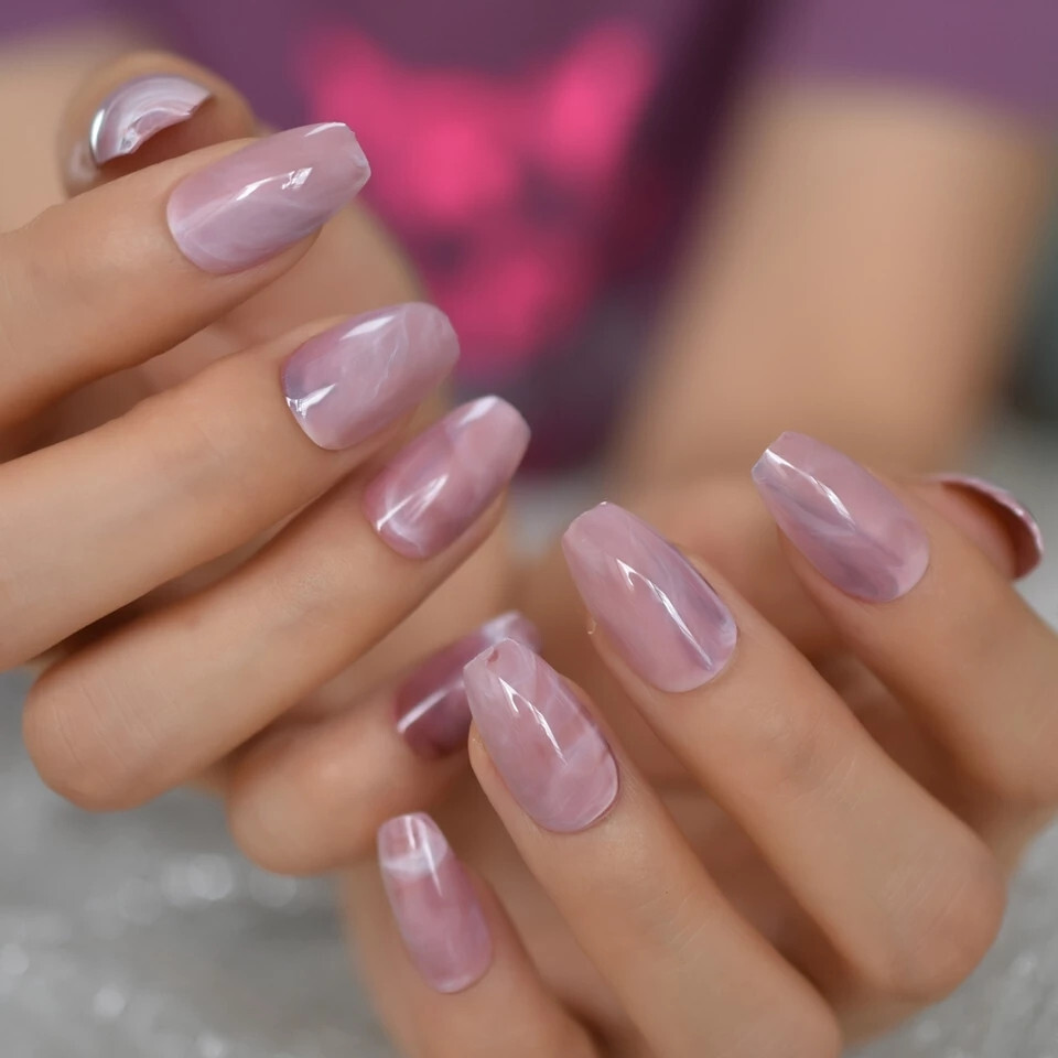 24 Medium Press on Nails kit glue on pink marble coffin