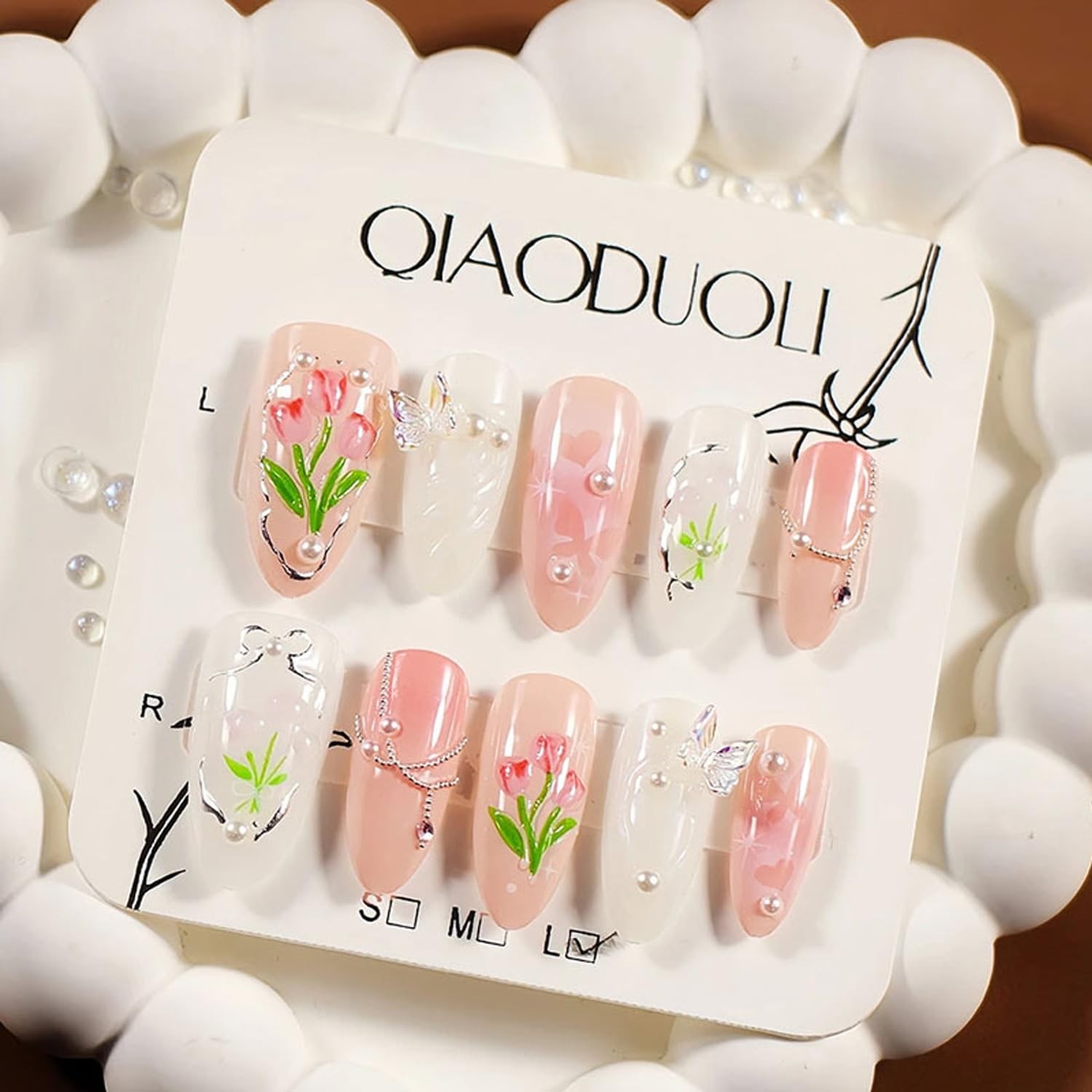 Handmade Nails Almond Press on Nails Medium Length Flower Tulip Fake Nails wi…
