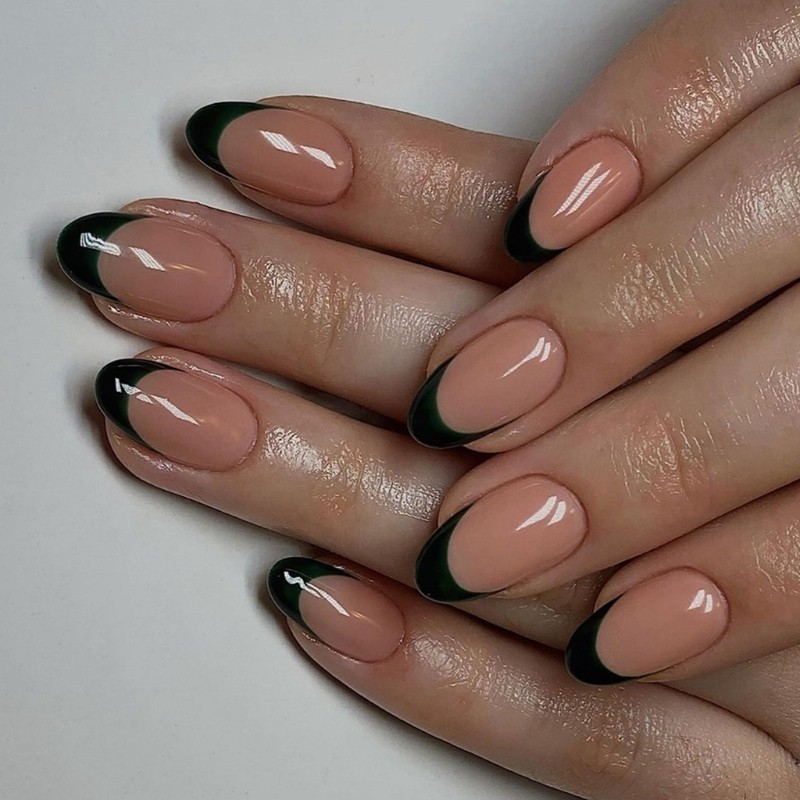 Green Black Press On Nail French Tip Almond False Nail Glues on Nail for Womens