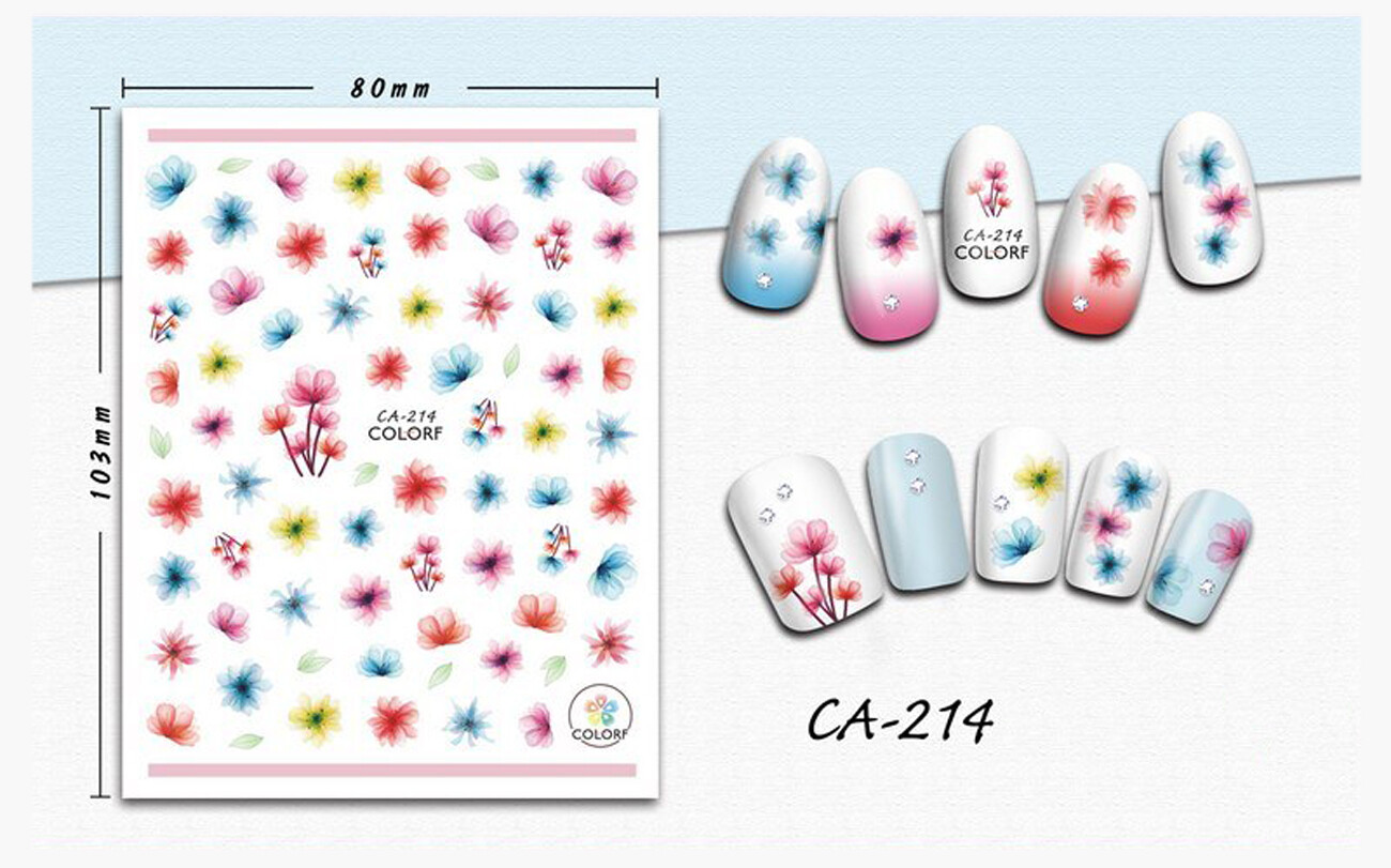 Nail art 3D stickers decal yellow blue pink flowers green leaves CA214