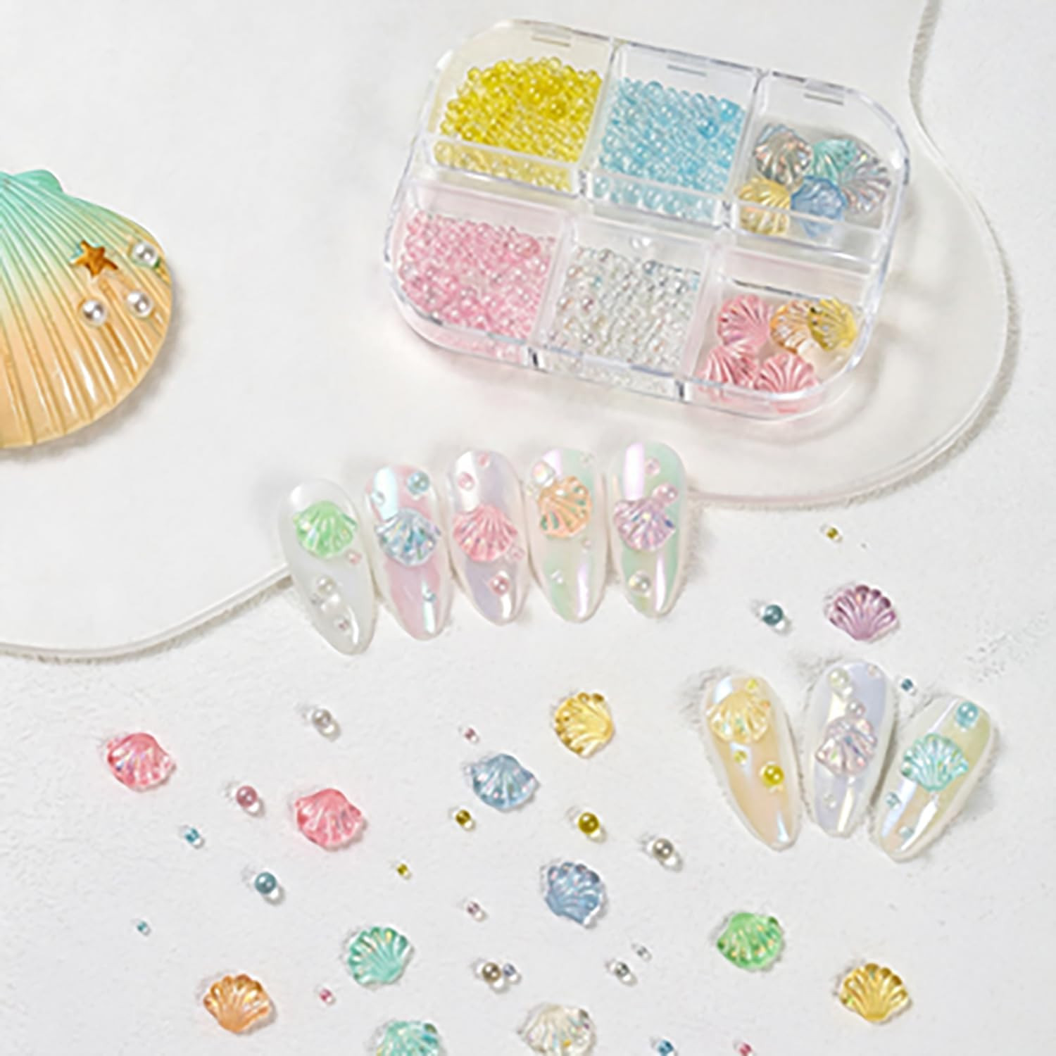 Iridescent Sector Seashell Nail Art Decoration 6 Grid, Resin Bubble Beads Nail R
