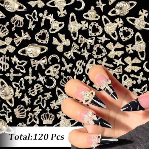 120 Pcs 12Styles 3D Gold Alloy Nail Charms Kit, Dollar Crown Butterfly gold-S1