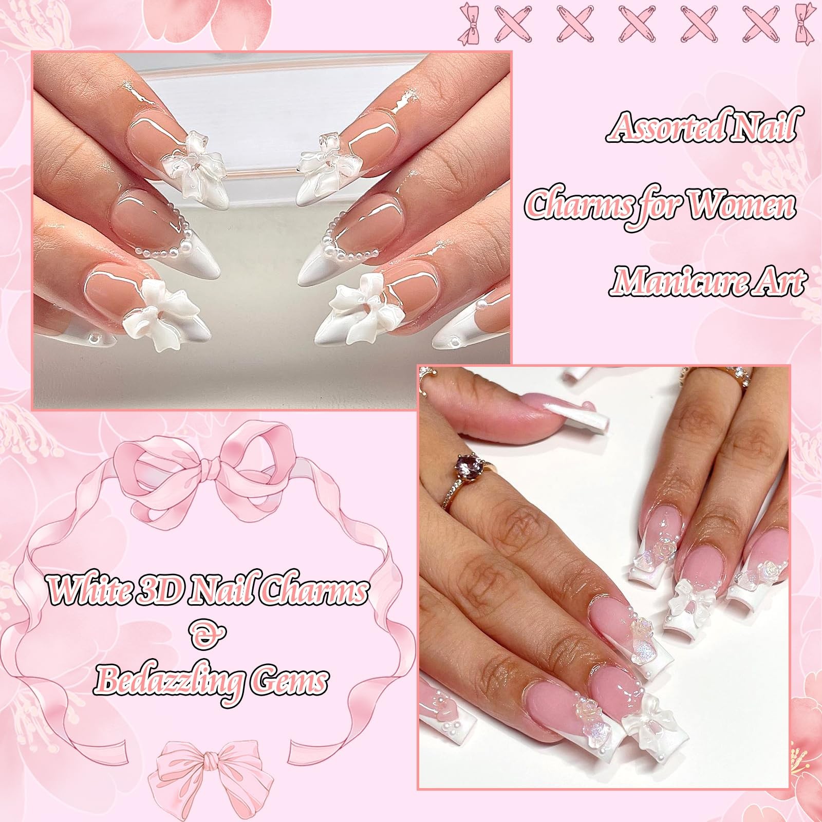3D Nail Charms Set White Assorted Butterfly Flower Bear Charms for Nails Acry…