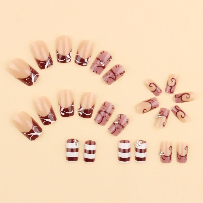 48pcs-Vintage Swirl Press on Nails, Medium Coffin Pink Brown Striped False Nails