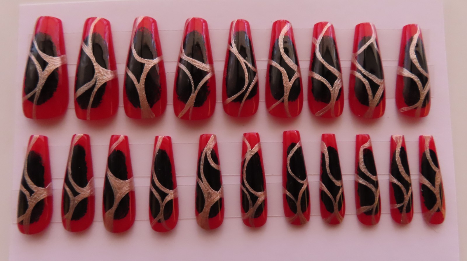 (2) Sets Black White Stripe Tip Pearl | Black Red Metallic Coffin Press-On Nails