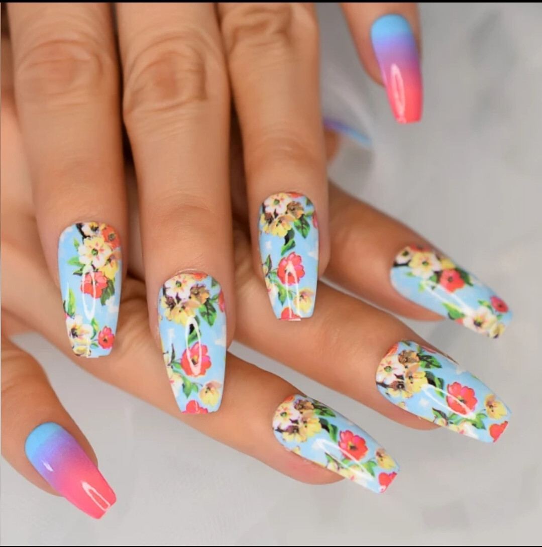 24 Press on nails kit w glue long coffin floral bright barbie pink