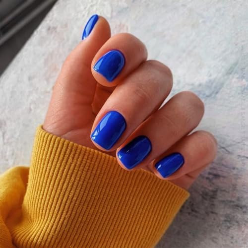Royal Blue Square Press on Nails Short, Gel Fake glossy square royal blue