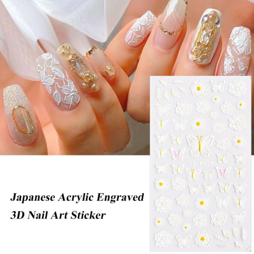 8 Style 5D Nail Sticker Embossed Butterfly Rose Flower Decal Nail Art Decoration