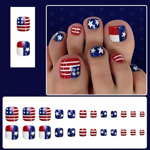 24Pcs 4th of July Press on Toenails American Flag Fake Five-Pointed Star