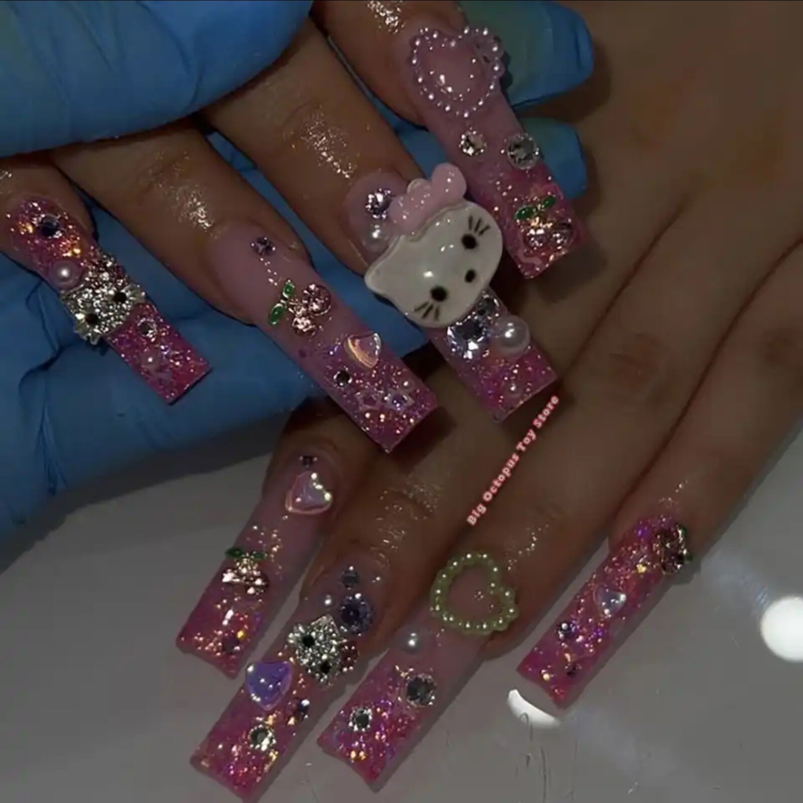 Xxxl Rectangle, Fake Nails 3D Hello KITTY Pink Diamond Strong, Long Nails