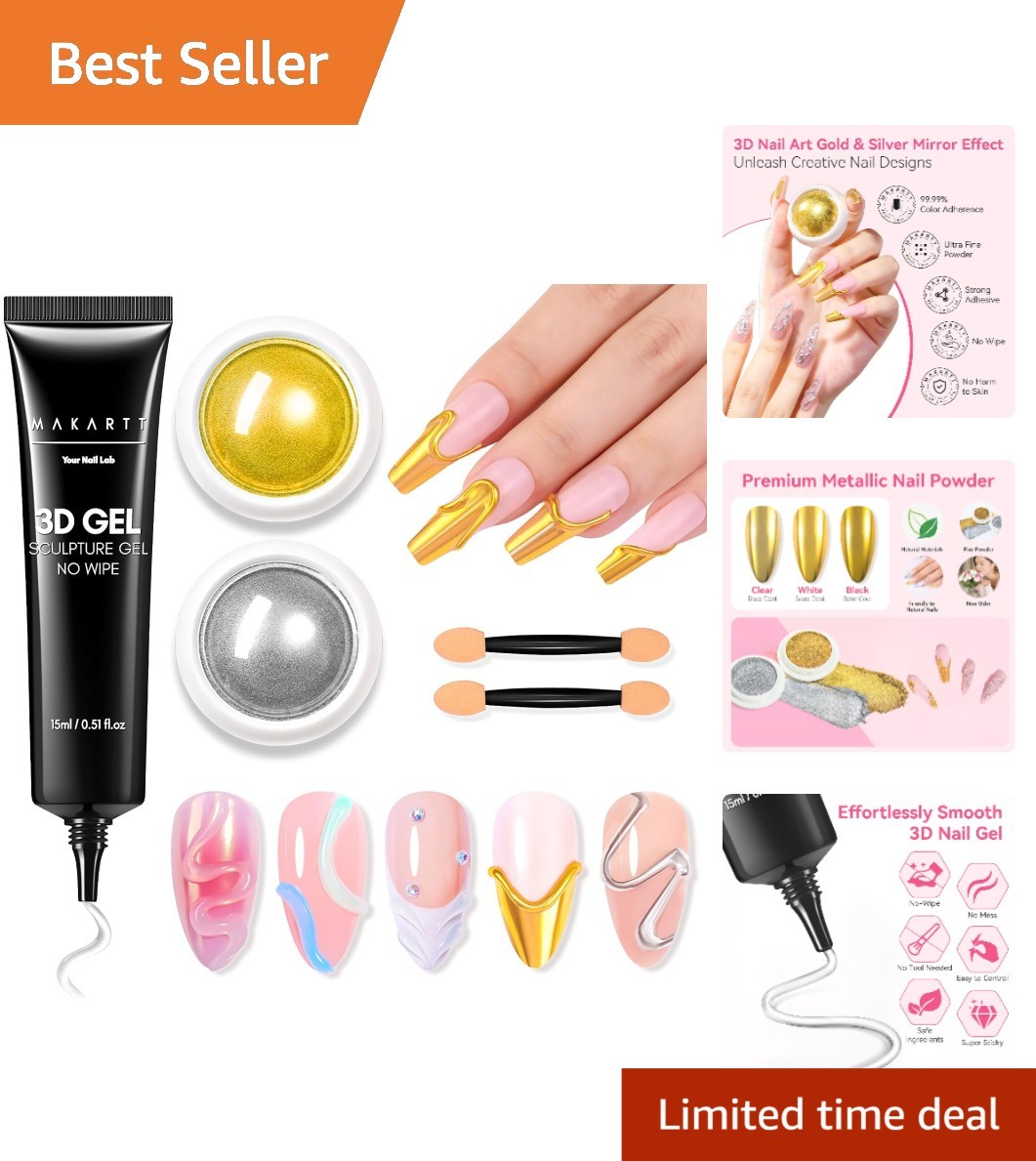 3D Gel Nail Art & Chrome Powder Kit – 15g Sculpting Gel Set for Stunning Designs