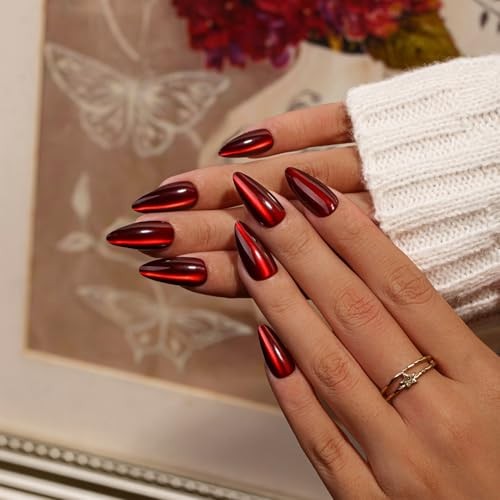 Dark Red Cat Eye Press On Nails Almond – Acrylic Press On cat eye wine red