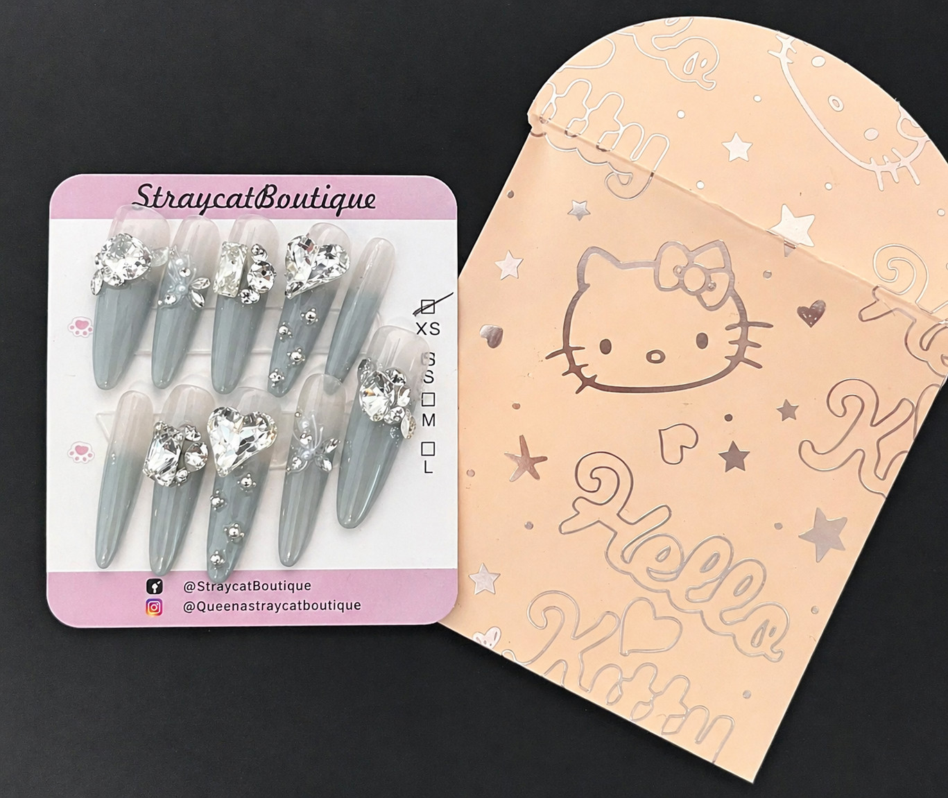 Straycat Boutique Press On Nails Gray Ombre Rhinestone Long Stiletto Nails XS