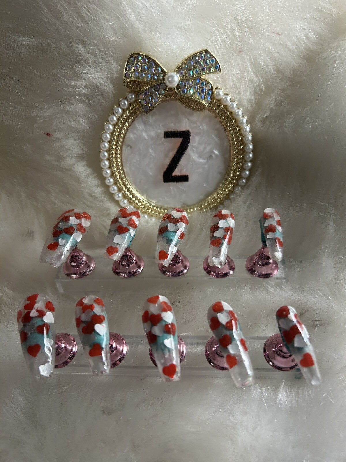 Z NAILZ! Handmade Clear L Coffin W/Red&White Hearts Encapsulated Press On Nails