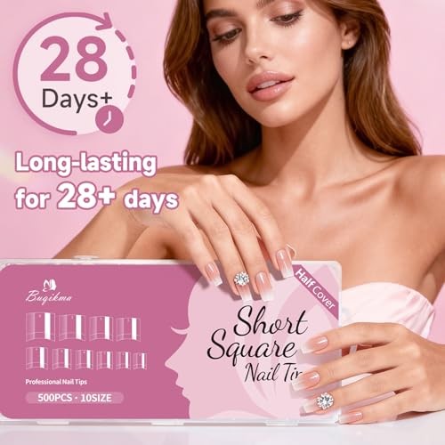 500PCS Short Clear Nail Tips with Pink Box Full Cover Acrylic Manicure Press-On