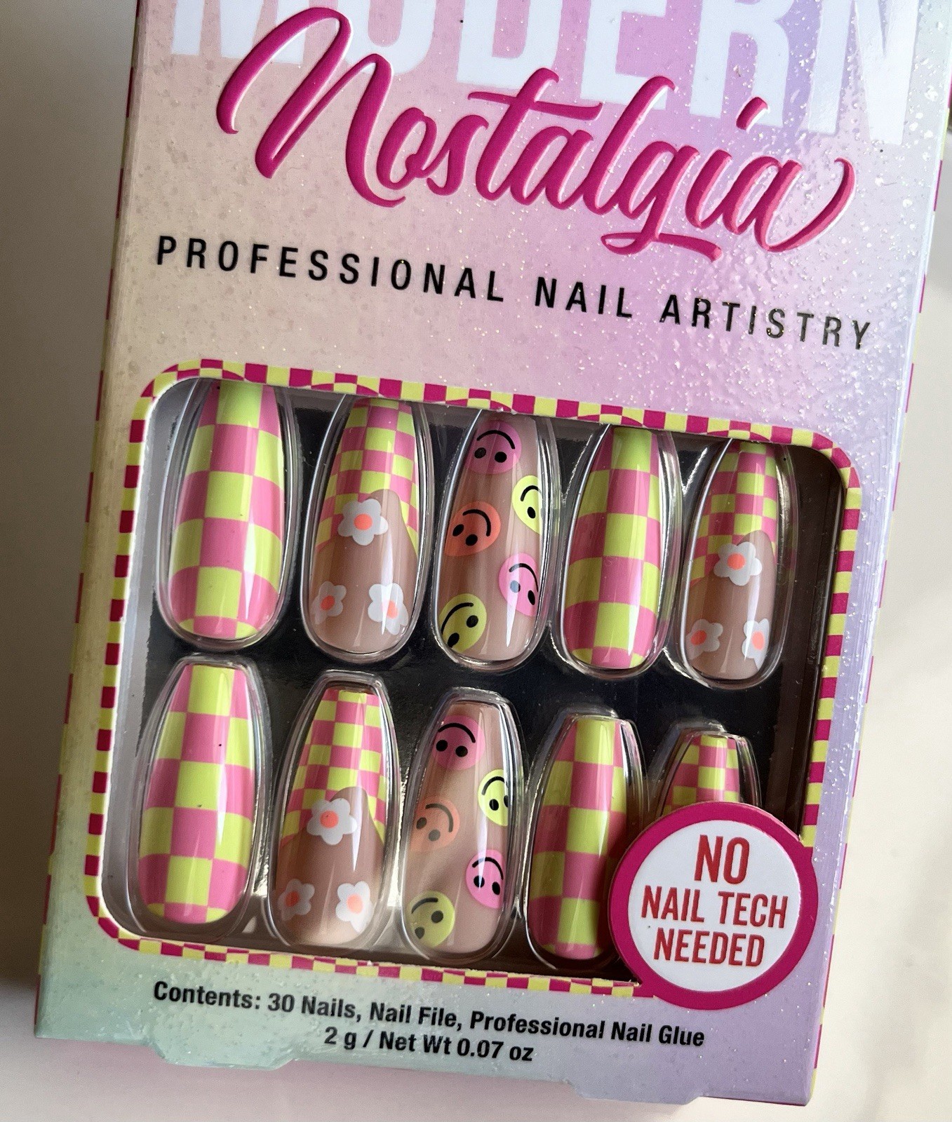 🌼 Press-On Nails Long Length Y2k Pink Checker Smiley Face Floral Salon Perfect