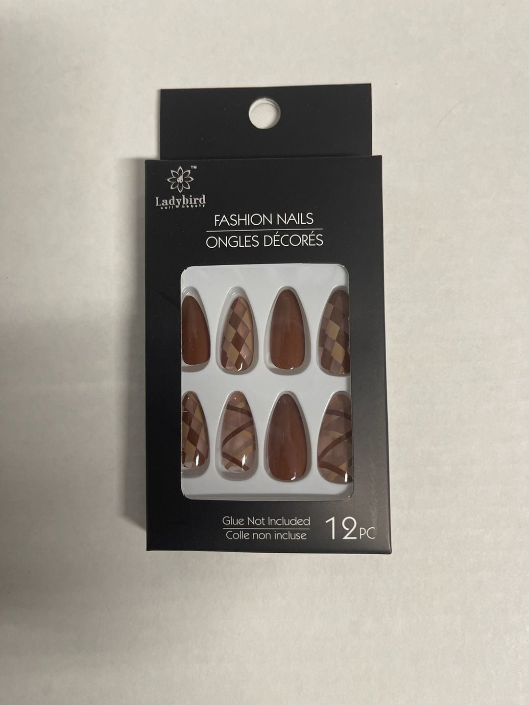 Ladybird Soft Beauty Fashion Nails Brown Plaid Almond Press-On Set 12PC