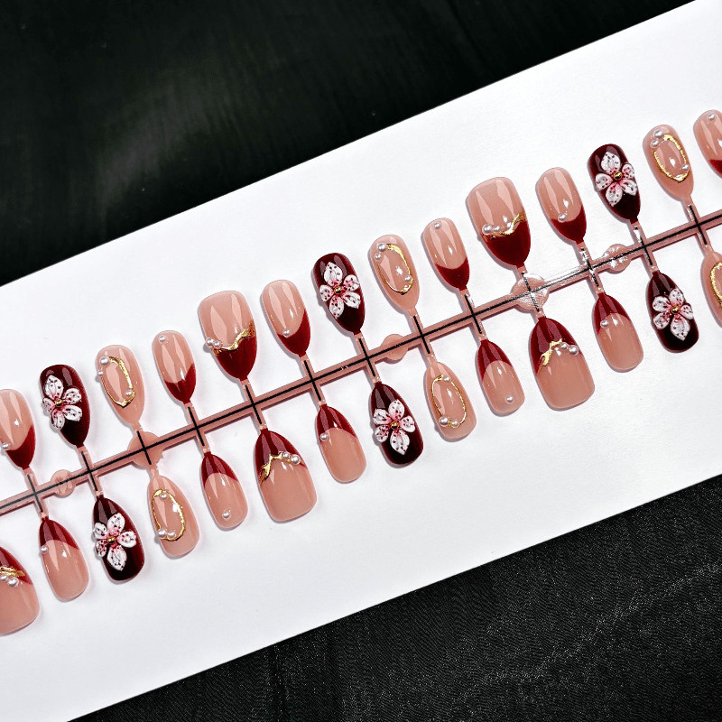 60Pcs Burgundy Floral Pearl Almond Press on Nails, Vintage Sweet Nude Fake Nails