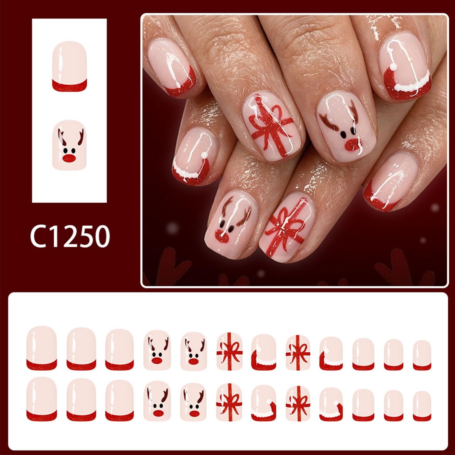 24 Pcs Short Square Press on Nails Christmas Nude Pink Nails Press Ons Red Fr…
