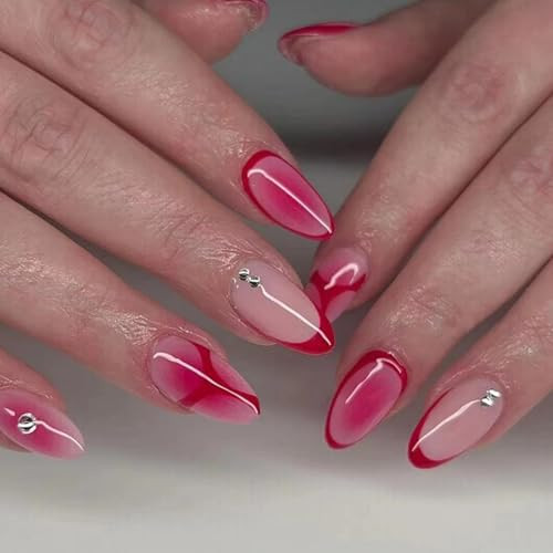 Press on Nails Medium Almond SWEKKE Pink French Tip Fake Nails Almond Nails13