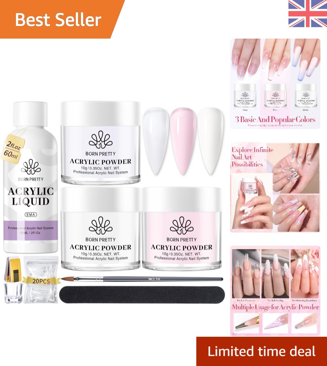 All-in-One Acrylic Nail Kit: Pink, White & Clear Powder with Liquid Monomer