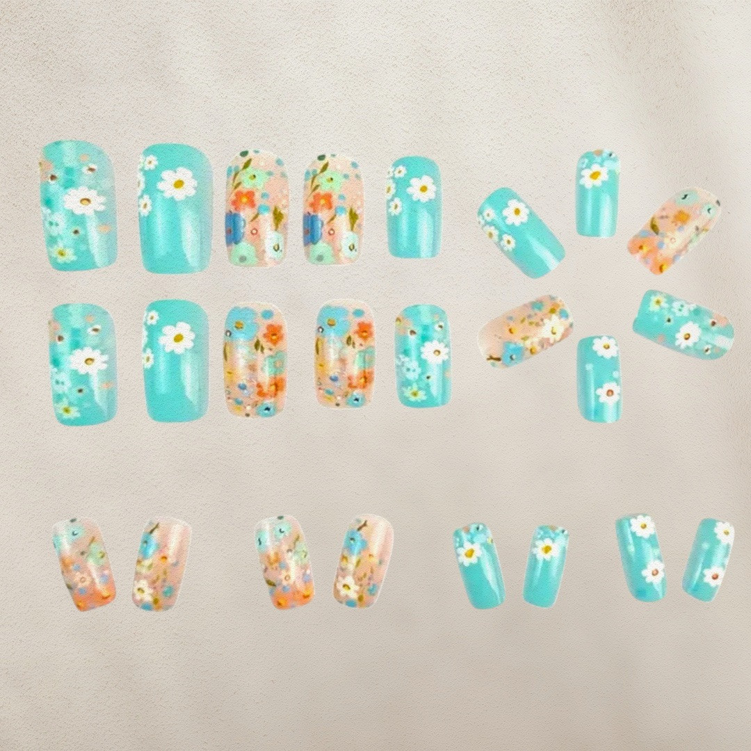 Spring Inspired Nail Art Press On , Blue With Mini Floral Prints, 24 pcs New