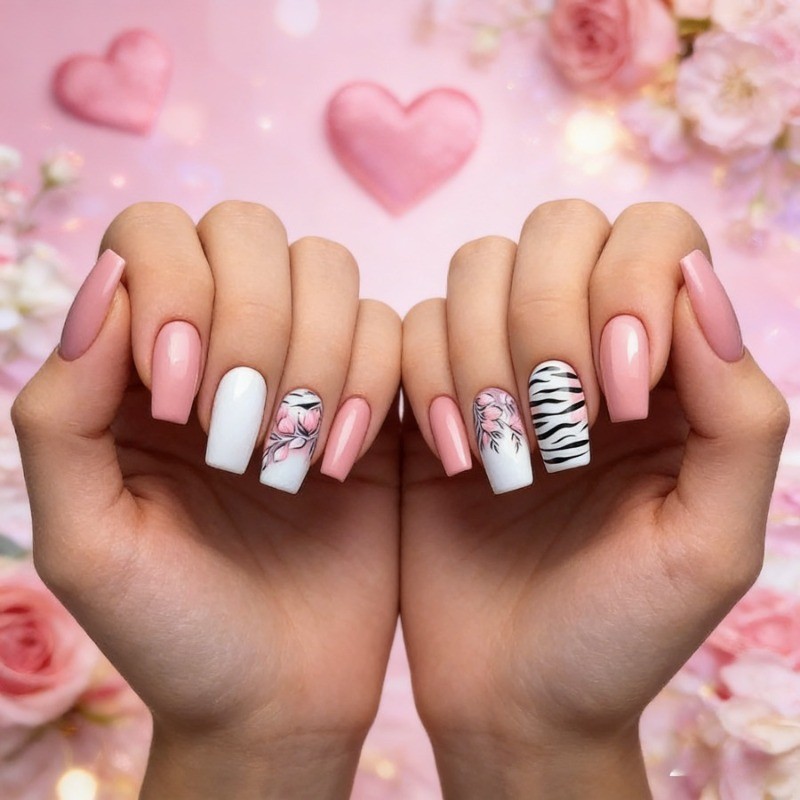 48 Short Square Fake Nails with Pink and Black and White Zebra Stripes Nail Art