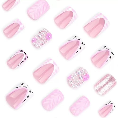 Pink Press on Nails Square Fake Nails 3D Short False Nails 3D Normal Style34