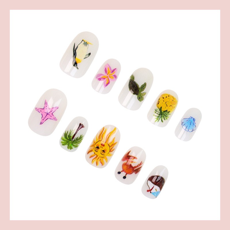48Pcs-Long Almond White Beach Tropical Sun Turtle Crab Fake Press on Nails Set