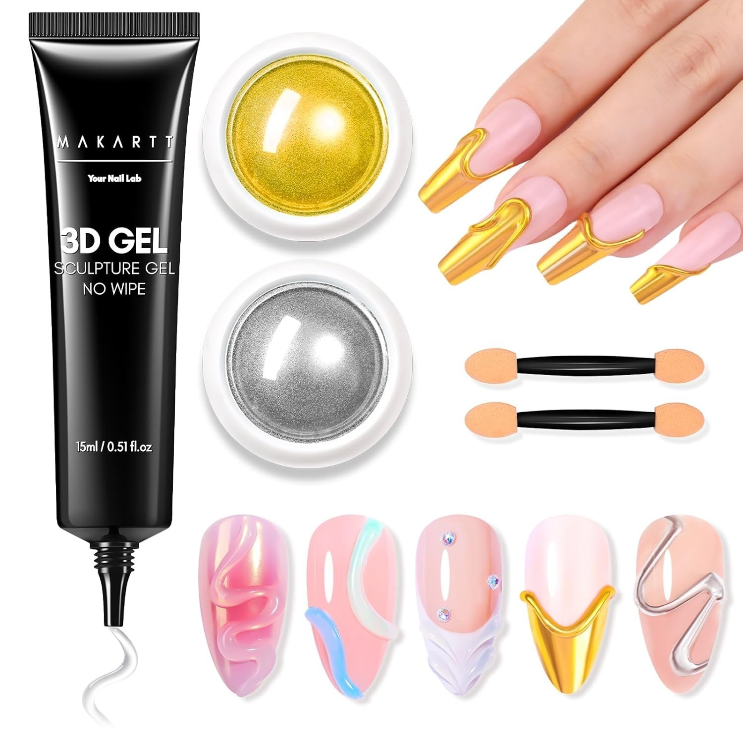 3D Gel Nail Art & Chrome Powder Kit – 15g Sculpting Gel Set for Stunning Designs