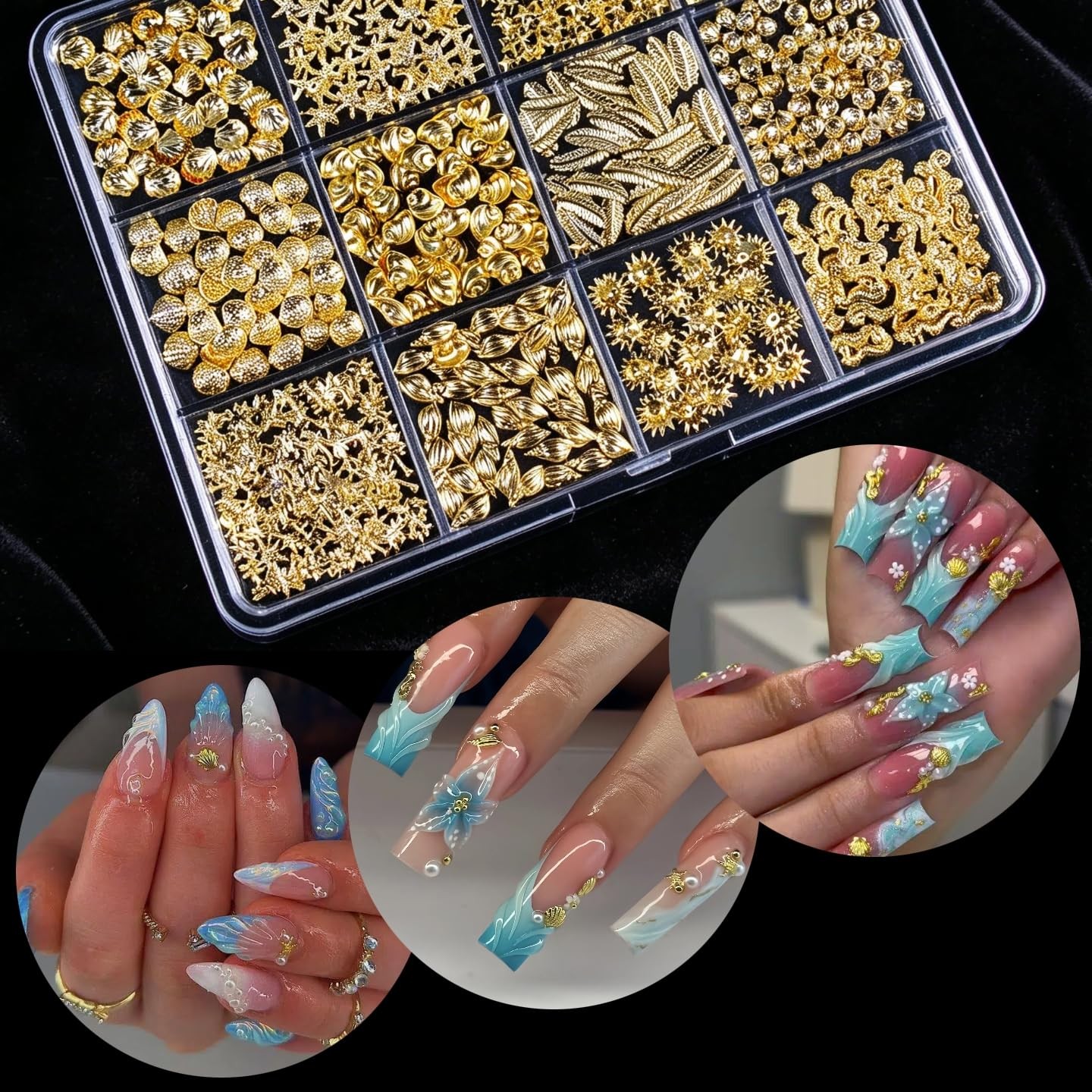 Tephrent Gold 3D Metal Nail Art Studs Shell Seahorse Starfish