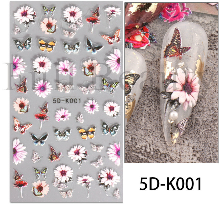5D Embossed Butterfly Rose Flower Daisy Nail Art Sticker Manicure DIY NH24