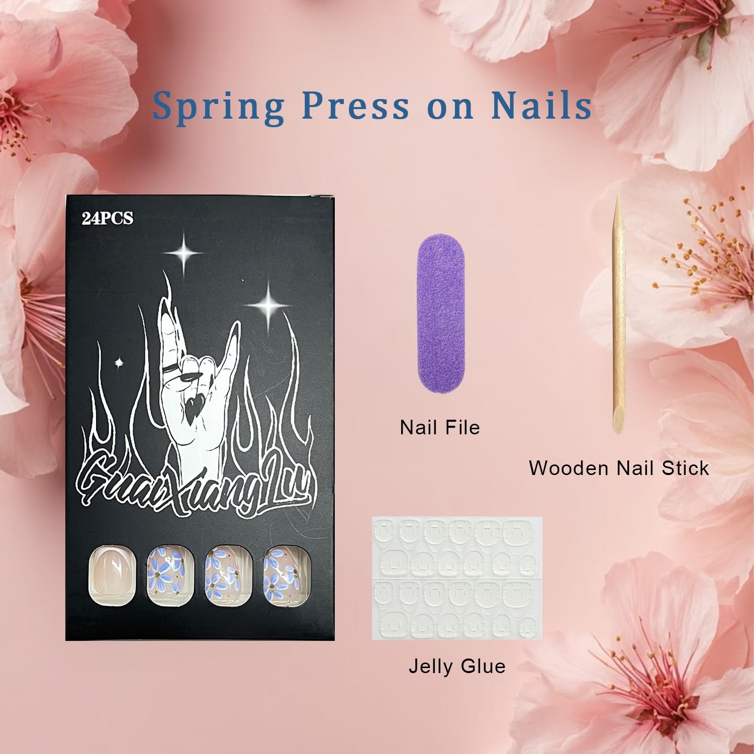 Fall Blue Flower Press on nails Short Almond Fake Nails for