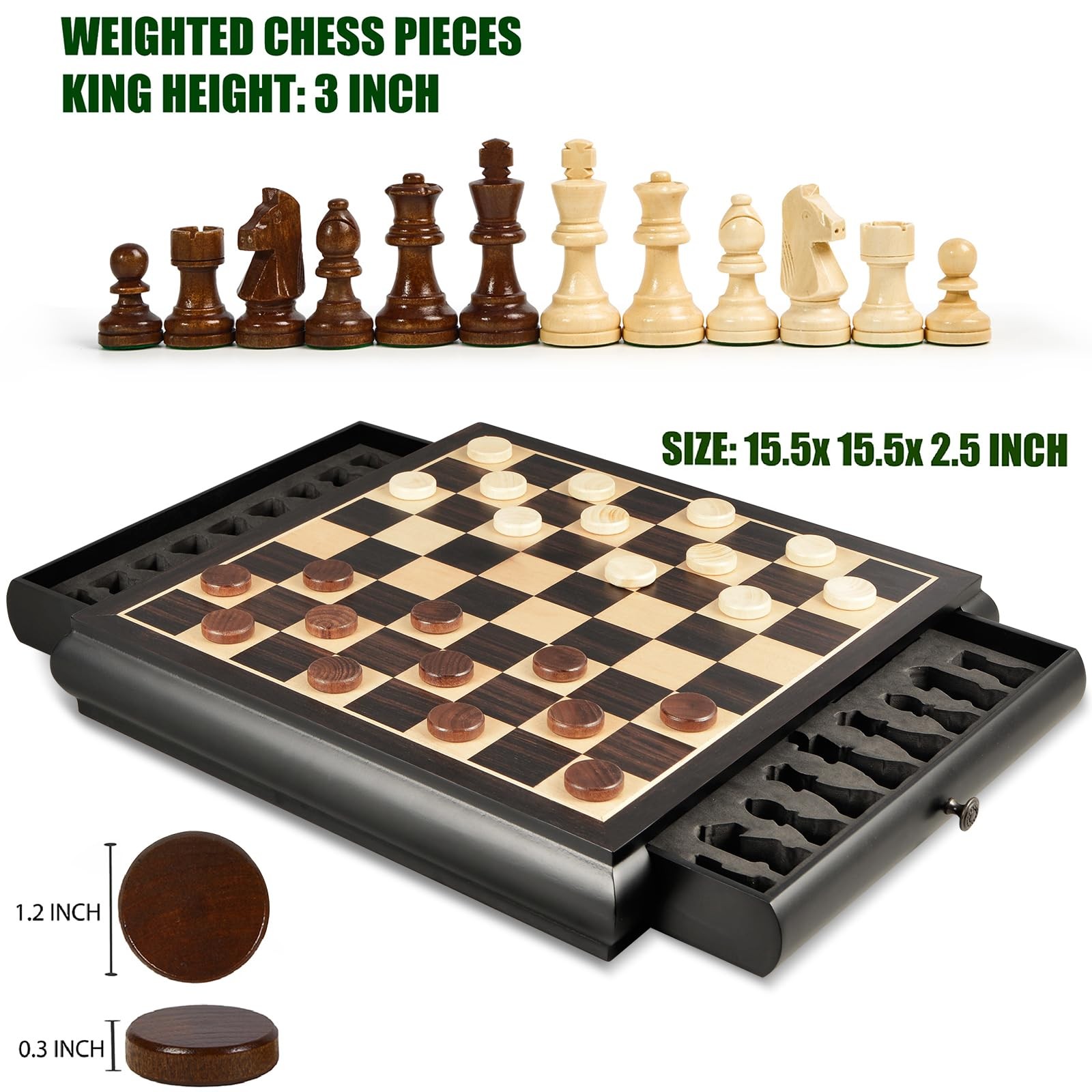VAMSLOVE Wooden Chess Checkers Game Set 15.5″ L x W x 2.5″ H, Black