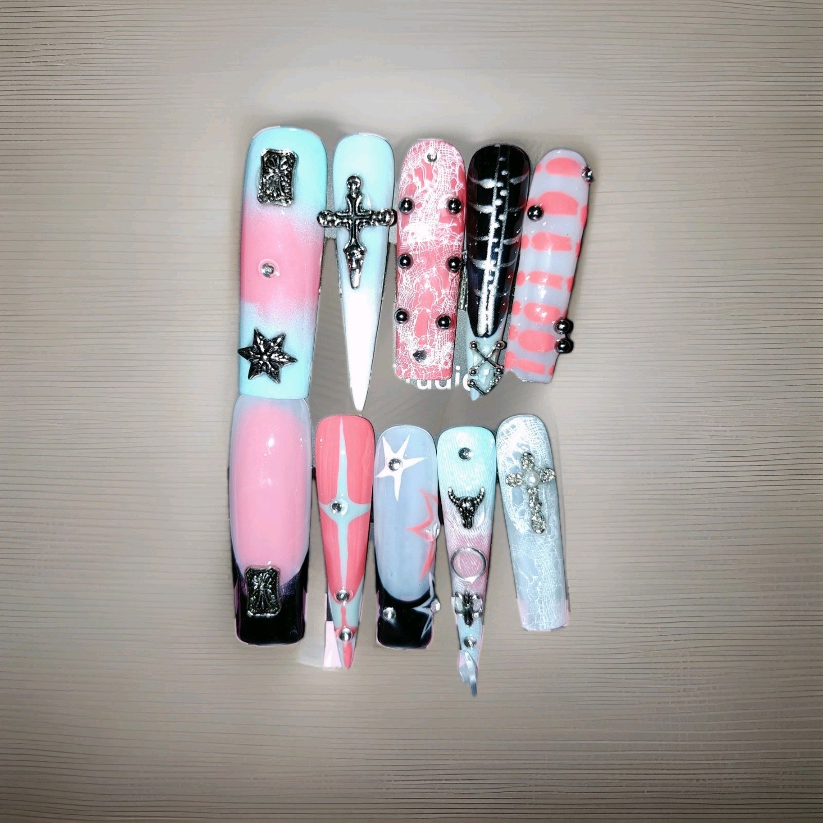Custom Pink Blue Black Extra Long Coffin Stiletto 3D Cross Star Press-On Nails