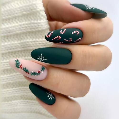 Christmas Press on Nails Medium Almond Fake Nails Winter Christmas holly candy
