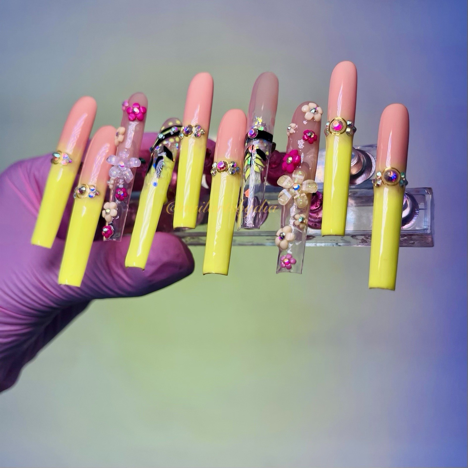 Authentic Nail Arts by Dia Square Press-On Nails Pink Yellow Flowers Shiny Long