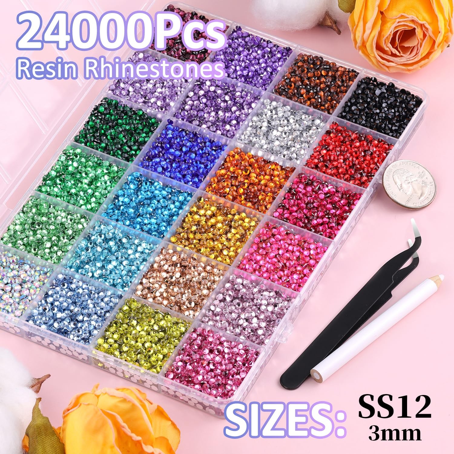 24000 Multicolor Resin Rhinestones with Tweezers and B7000 Glue for Crafts